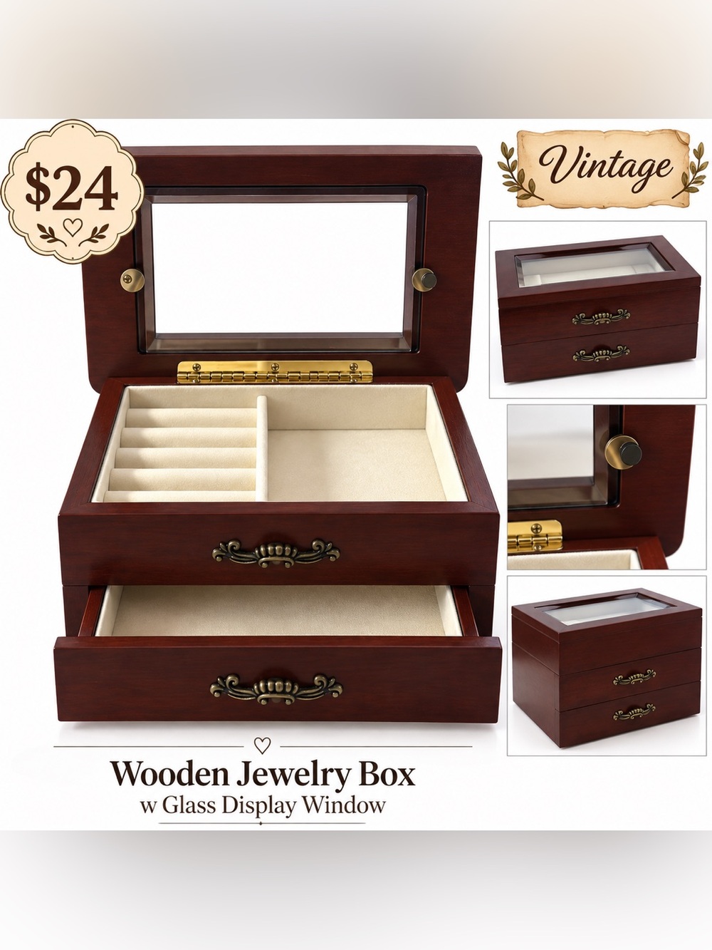Wooden Jewelry Box w Glass Display Window